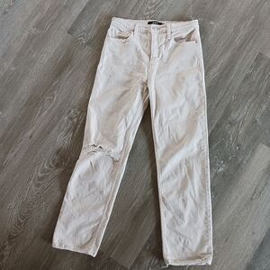 Anthropologie Hudson High Rise Distressed Remi Straight Crop Cream Denim Jeans
